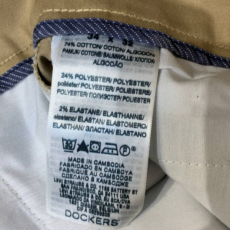 Dockers Mens 34 X 32 Flat Front PolyCotton Straight Fit Dark Khaki Chino Pants