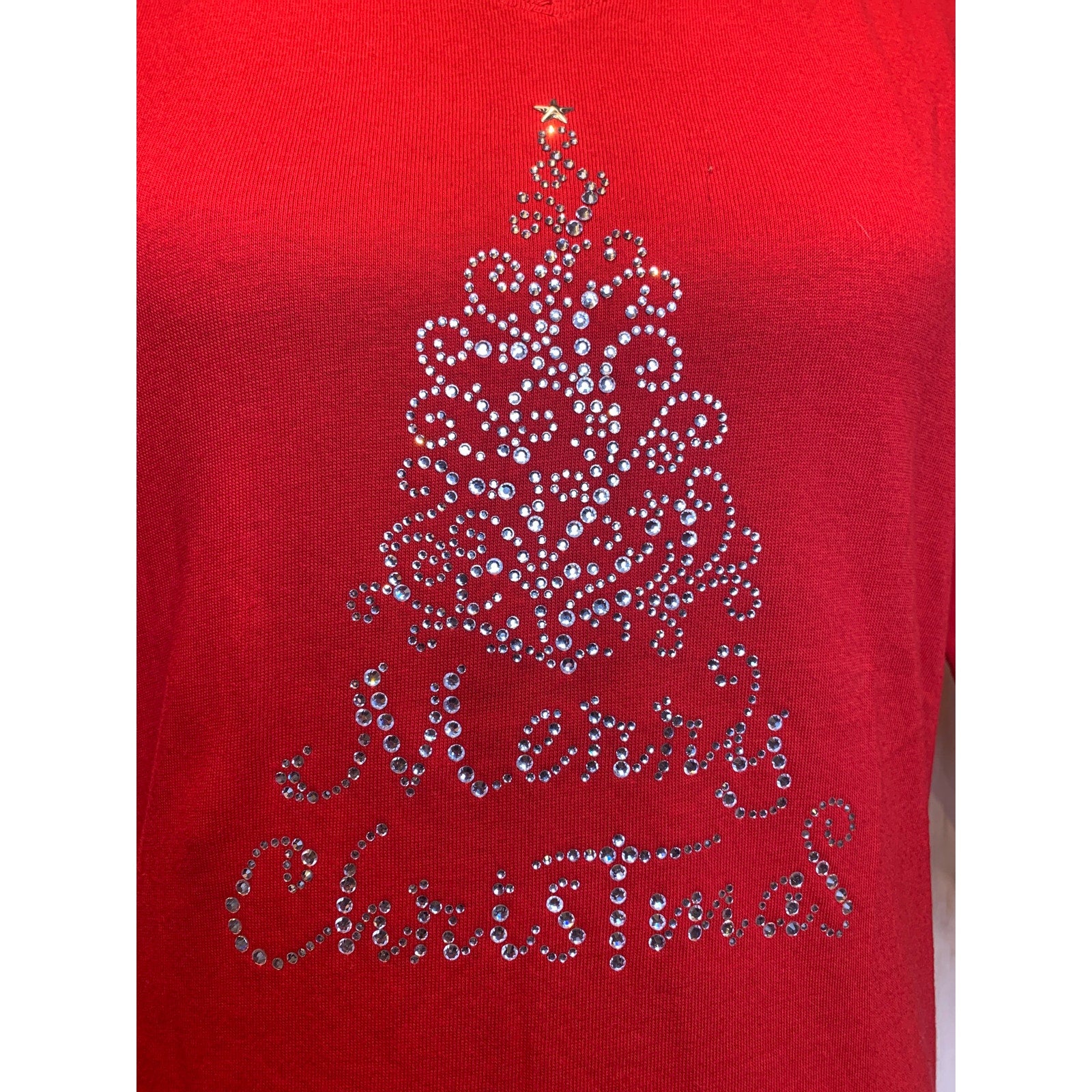 New Hand Printed Small Merry Christmas Tree Rhinestone 3/4 Sleeve Cotton Tee