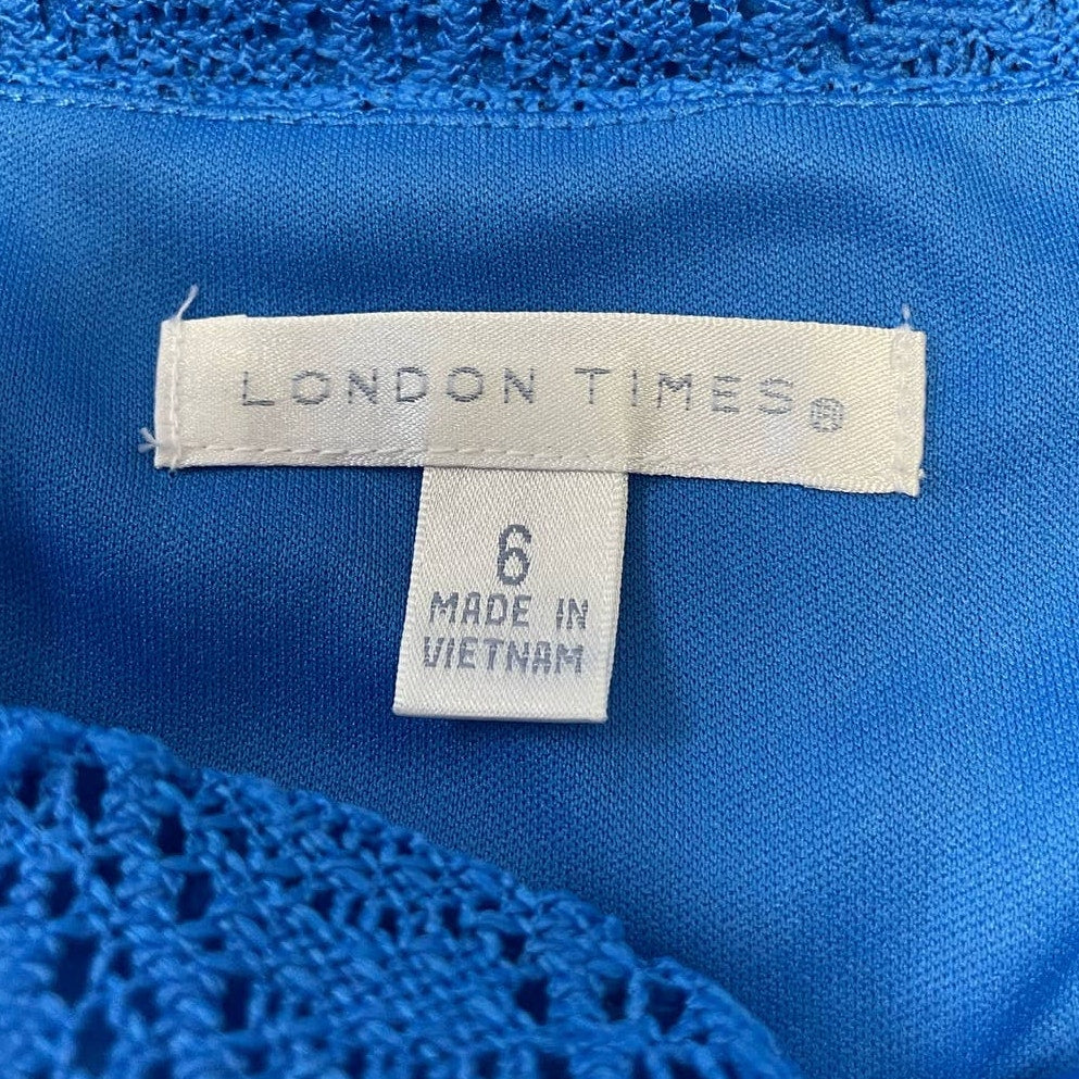 London Times Size 6 Short Sleeve Blue Lacy Fully Lined Scoop Neck Sheath Dress