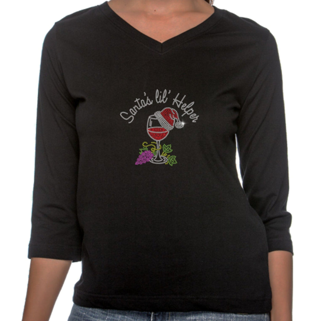 New XL Hand Printed Santa Helper Christmas Rhinestone Wine Cotton 3/4 Sleeve Tee
